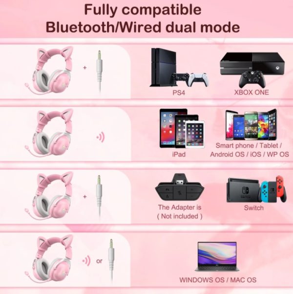 Onikuma B20(B100) RGB Cat Ears Bluetooth 5.0 Gaming Headset Stereo Sound with HD Mic - Image 3