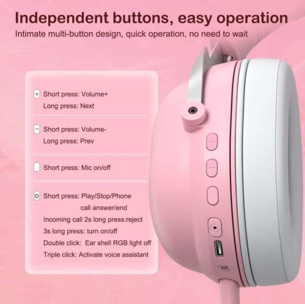 Onikuma B20(B100) RGB Cat Ears Bluetooth 5.0 Gaming Headset Stereo Sound with HD Mic - Image 5